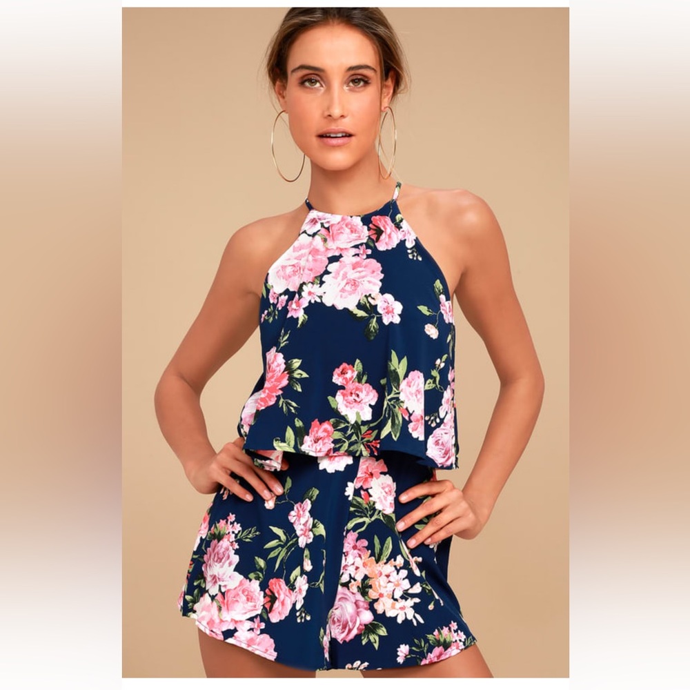 BNWT Lulus In the Garden Navy Floral Print Romper
